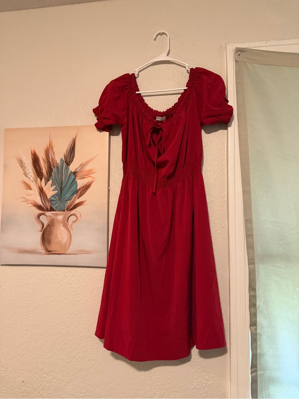 Red Puff Sleeve Smocked Midi Dress